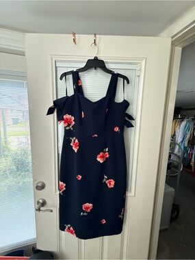 Ashley Graham Navy Floral Cold-Shoulder Dress
